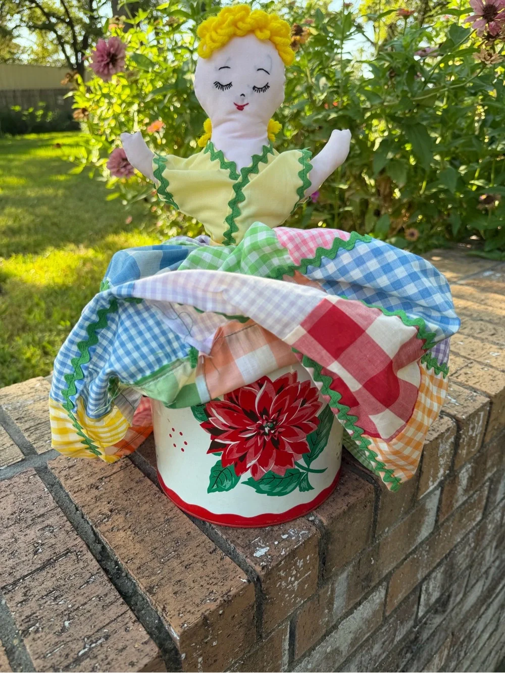 VTG 70’s Homemade Cloth Doll For Appliance Cover, Shelf Sitter Patchwork Skirt*